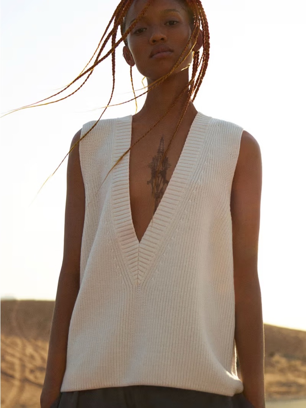 Cos Sleeveless Deep V Wo Knit Sweater Vest in Cream
